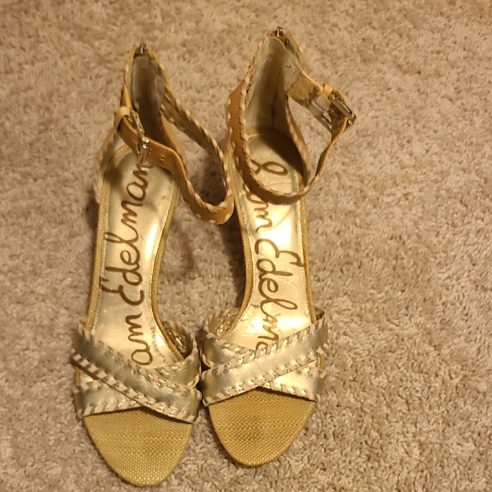 Sam Edelman Gold Heels with Intricate Straps and Open Toe